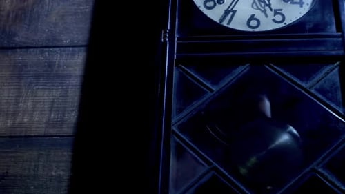 Close up of antique pendulum wall clock at night