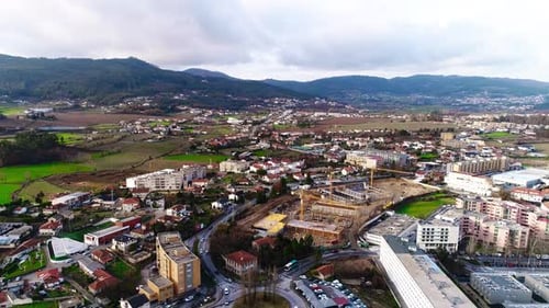 Picturesque Town Surrounded by Mountains Aerial View