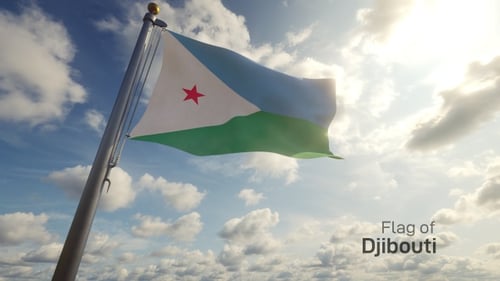 Djibouti Flag Waving on Flagpole Against Cloudy Sky