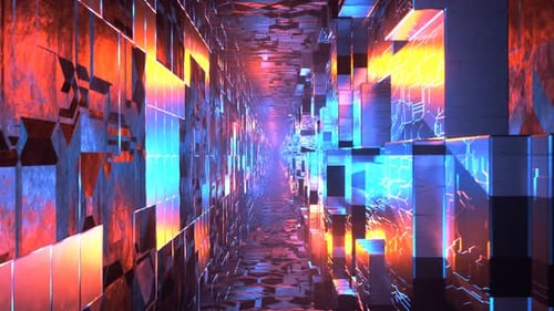 Futuristic Digital Tunnel Journey with Glowing Abstract Cubes