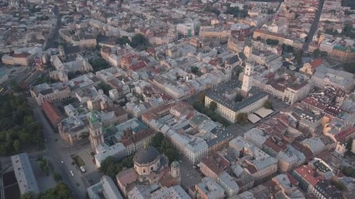 Aerial City Lviv, Ukraine. European City. Popular Areas of the City. Town Hall