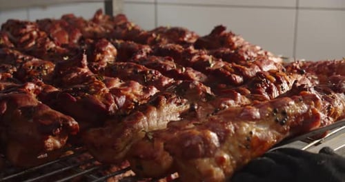Rows of Seasoned Cooked Meat on a Rack