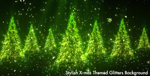 Sparkling Green Christmas Trees with Falling Snow Background