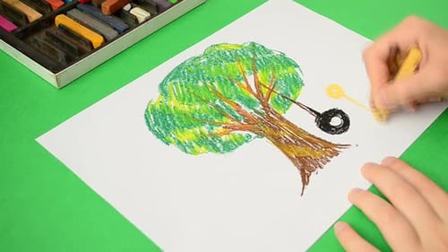 Drawing a Tree With Tire Swing Using Pastels