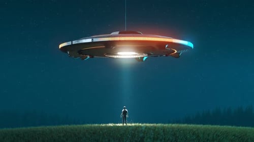 Alien invasion Circular silhouette of the shiny flying saucer over the meadow.