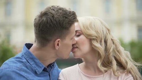 Male and Female in Love Looking at Each Other and Start Kissing, Relationship