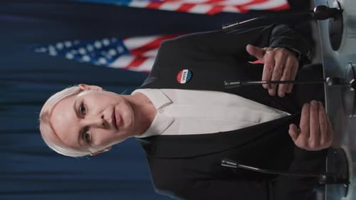 Woman Delivers Speech at Podium with USA Flags