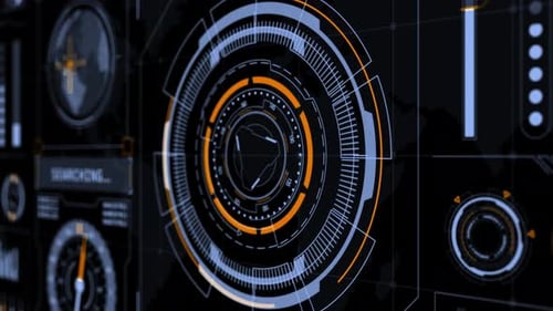 Head-up-Display-Technologie, Schnittstellenbildschirm mit futuristischen 3D-Elementen, Diagramm und Chat-Panel