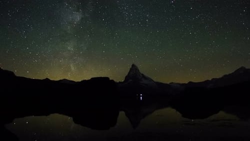 Time Lapse Milkyway Moving over Matterhorn Mountain in Swiss Alps