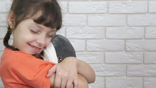 Girl Hugging Plush Shark Toy with Affection