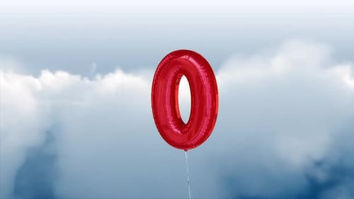 Floating Red Zero Foil Balloon Animation in Cloudy Sky