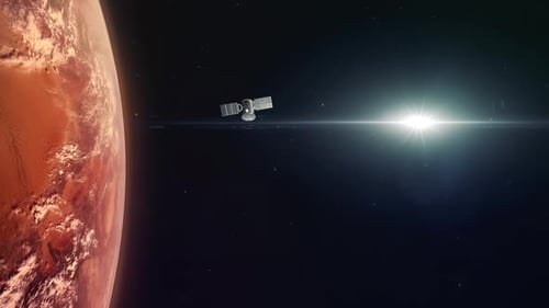 Satellite Flying Past Red Planet with Bright Sun Lens Flare