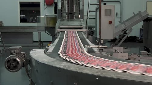 Printed newspapers moving on conveyor at high speed in printing factory