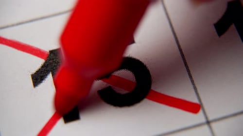 El número 15 del calendario está tachado con una cruz roja en una macro en una hoja blanca