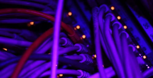Tangled Networking Wires with Blue and Red Lights