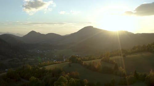 Aerial View of Mountains and Valley at Sunrise