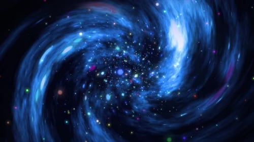 Blue Swirling Galaxy with Shimmering Light Particles Background