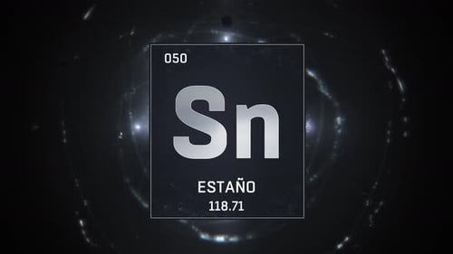 Tin as Element 50 of the Periodic Table on Silver Background in Spanish Language