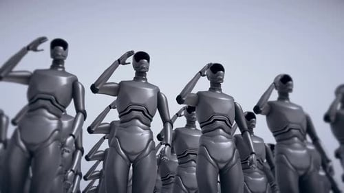 Robot Soldiers Standing And Saluting Future Technology Military Artificial Intelligence Concept 4k