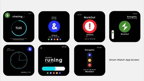 Animated Smartwatch UI Kit for Fitness and Charging Apps