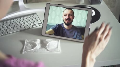 Friends Communicating Via Video Call Talk Spbd Woman Showing Face Medical Mask To Man Friend