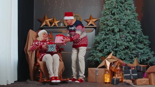 Senior Couple Exchanging Christmas Gifts at Home