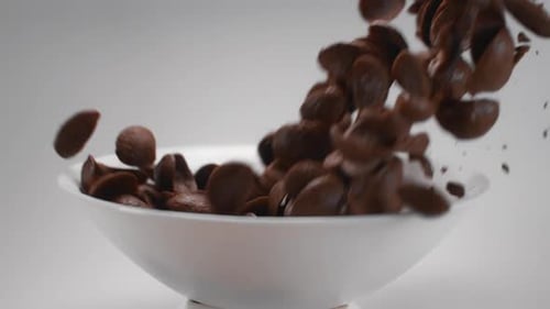 Chocolate Corn Flakes Are Falling in Slow Motion To the White Bowl, Cocoa Cereal Breakfast Falls in