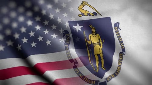 Waving American And Massachusetts State Flags