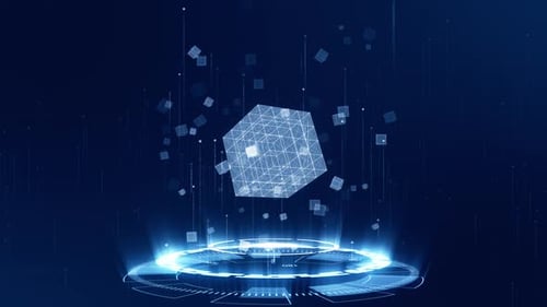 Blauer digitaler Würfel mit futuristischer Kreisrotation und Levitations-Metaverse-Konzept für Würfelsymbole