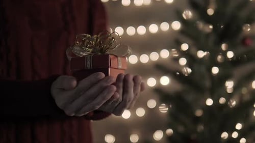 Gift in Hands by Christmas Tree Lights