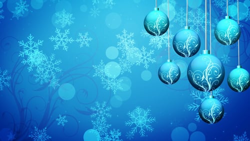 Animated Christmas Ornaments and Falling Snowflakes Blue Background