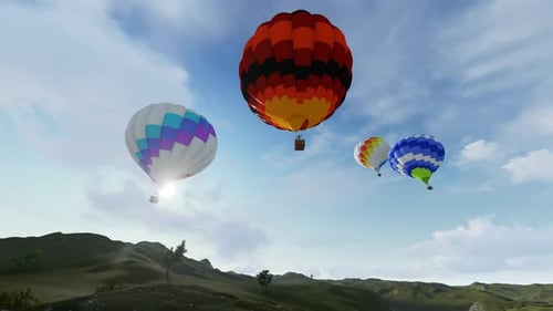Colorful Hot Air Balloons Flying Over Green Hills