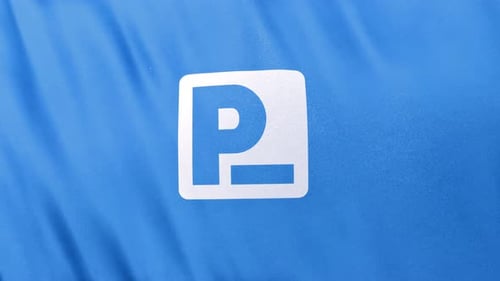 Presearch PRE Coin Icon Logo auf Vollbild-Loop-Banner-Hintergrund mit blauer Flagge