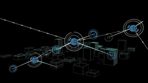 Animation of network connections with globe and statistics icons