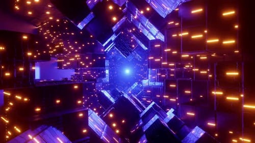 Futuristic Digital Tunnel Fly-Through with Glowing Neon Grid