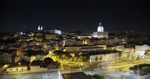 Aerial View. Downtown Lisbon, Portugal. Night Time Lapse of the Historic Old Town District