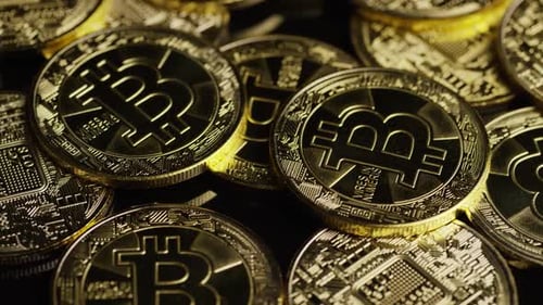 Golden Bitcoin Cryptocurrency Coins Close Up Macro