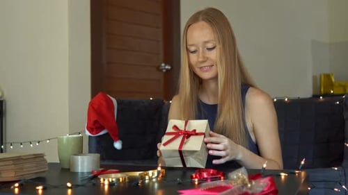 Woman Wrapping Christmas Gift at Home