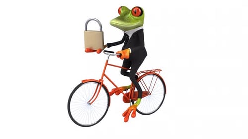 Animated Frog in Suit Rides Bicycle with Padlock
