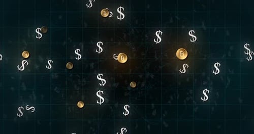 American dollar symbol and bitcoin symbols moving over grid against black background
