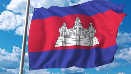 Cambodia National Flag Waving in Blue Sky Loop