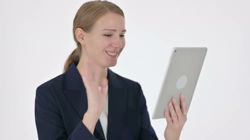Woman Video Calling with Tablet on White Background