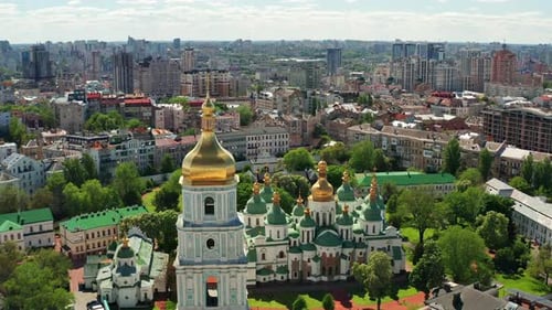 Beautiful flight in the afternoon over the Hagia Sophia in Kiev. Morning view of the houses.