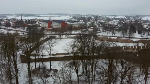 Ruins of Ancient Livonian Order's Stone Medieval Castle Latvia Aerial Drone Top Shot From Above . Re
