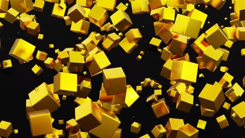 Goldene Würfel fliegen hoch und drehen sich auf schwarzem Hintergrund