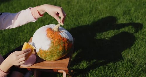 Child Paints Pumpkins Prepares Jewelry for Helloween