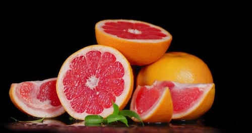 Des morceaux de pamplemousse frais dont les feuilles tournent lentement