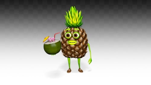 3D Cartoon Pineapple Character Holding Tropical Drink