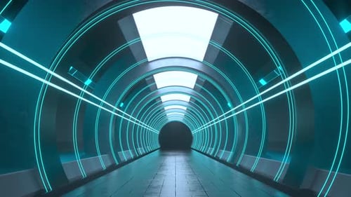 Dunkler runder Tunnel mit leuchtenden Neonlichtern.