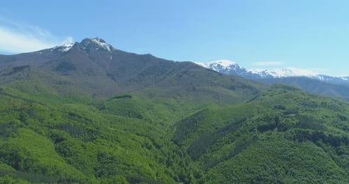 Luftaufnahme der schneebedeckten Berge am sonnigen Frühlingstag unter blauem Himmel. Lebendige grüne Wälder